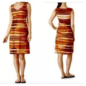 Prana Viana Sleeveless Dress Size Small Orange Brown Stripe Blurred Sunset Vneck
